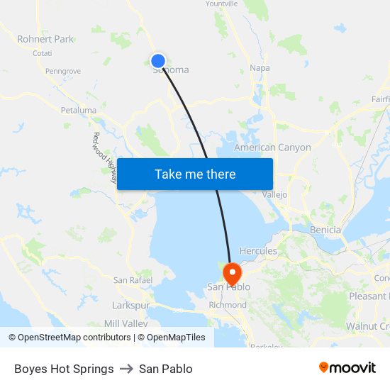 Boyes Hot Springs to San Pablo map