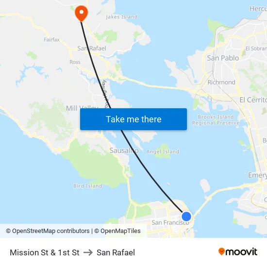 Mission St & 1st St to San Rafael map