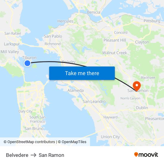 Belvedere to San Ramon map