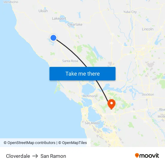 Cloverdale to San Ramon map
