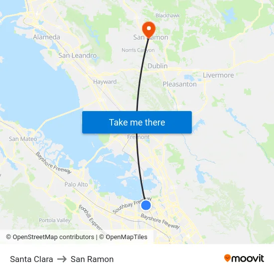Santa Clara to San Ramon map