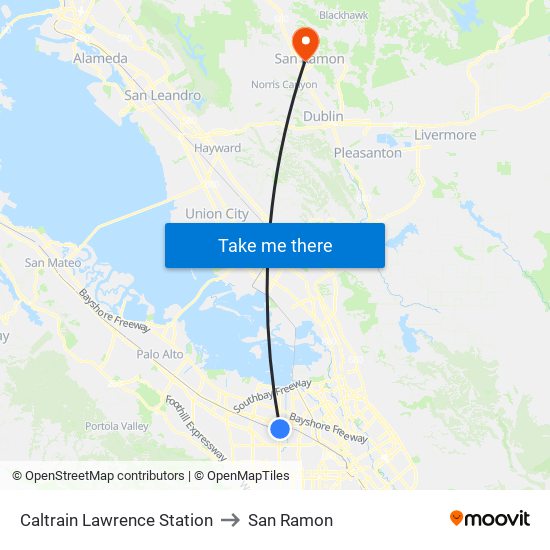 Caltrain Lawrence Station to San Ramon map