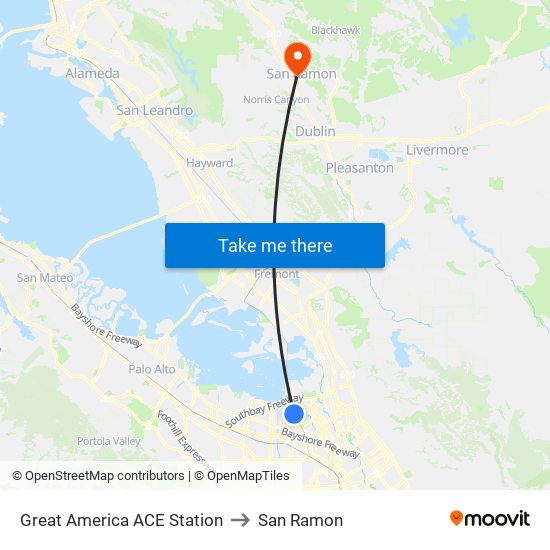 Great America ACE Station to San Ramon map