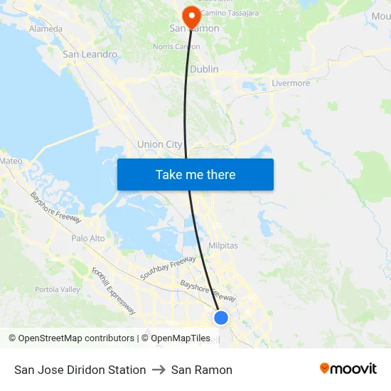 San Jose Diridon Station to San Ramon map