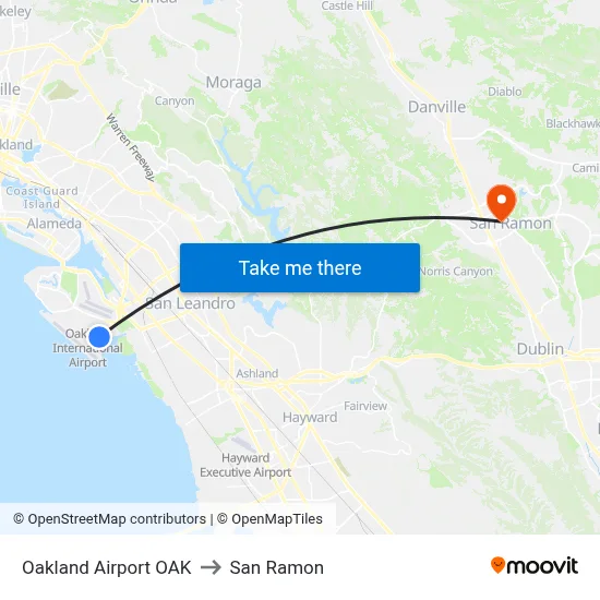 Oakland Airport OAK to San Ramon map