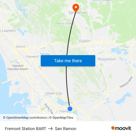 Fremont Station BART to San Ramon map