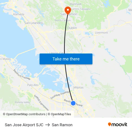 San Jose Airport SJC to San Ramon map