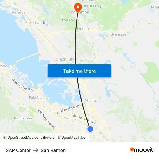 SAP Center to San Ramon map