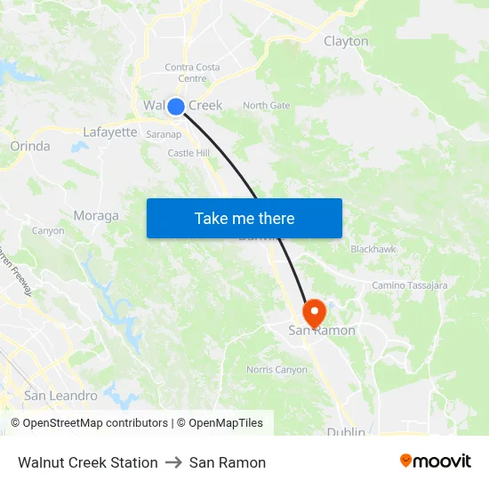 Walnut Creek Station to San Ramon map