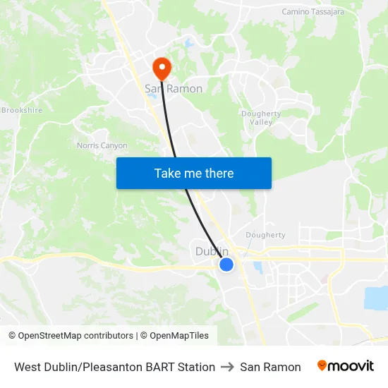 West Dublin/Pleasanton BART Station to San Ramon map