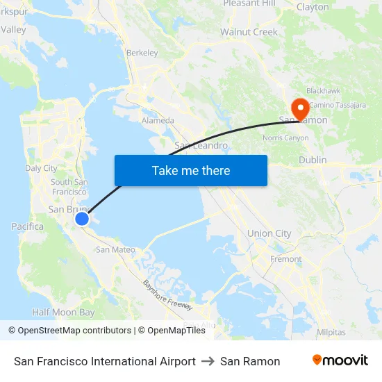 San Francisco International Airport to San Ramon map