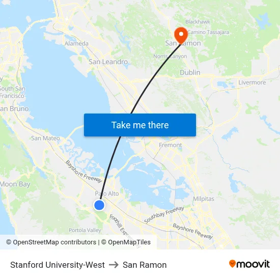 Stanford University-West to San Ramon map