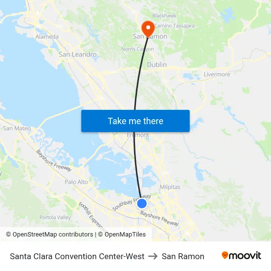 Santa Clara Convention Center-West to San Ramon map