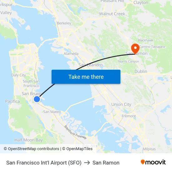 San Francisco Int'l Airport (SFO) to San Ramon map