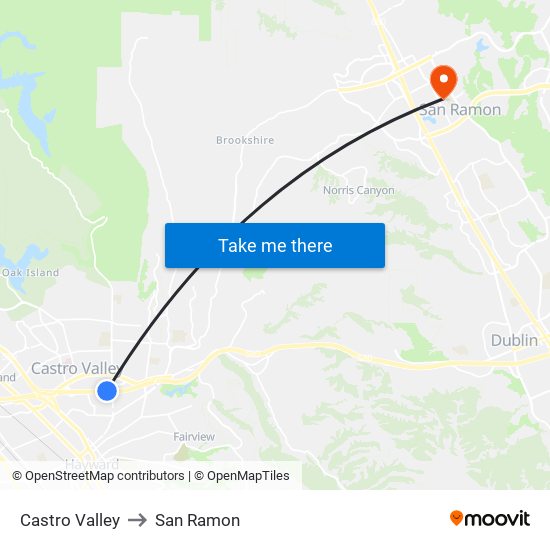Castro Valley to San Ramon map