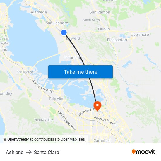 Ashland to Santa Clara map