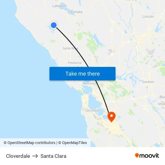 Cloverdale to Santa Clara map
