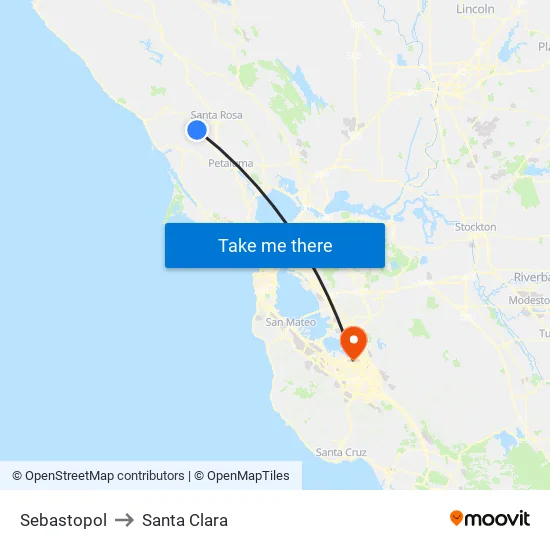 Sebastopol to Santa Clara map
