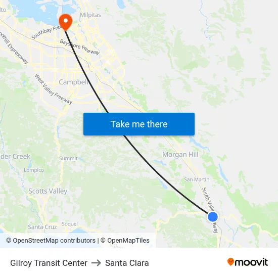 Gilroy Transit Center to Santa Clara map