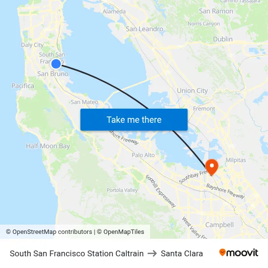 South San Francisco Station Caltrain to Santa Clara map