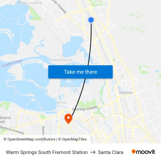 Warm Springs South Fremont Station to Santa Clara map