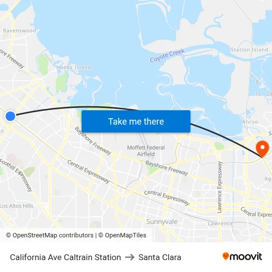 California Ave Caltrain Station to Santa Clara map