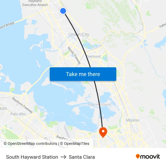 South Hayward Station to Santa Clara map