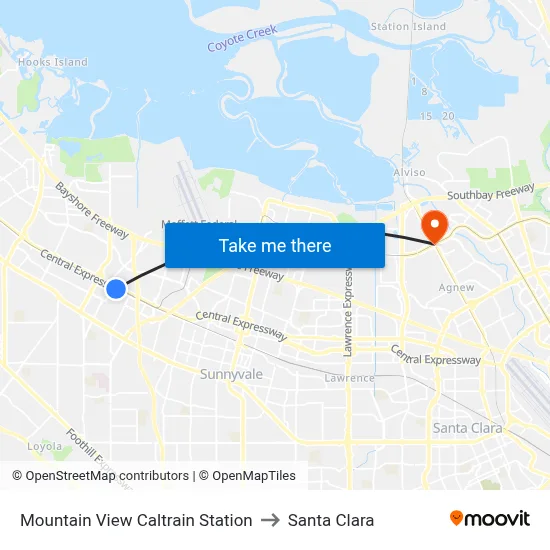 Mountain View Caltrain Station to Santa Clara map