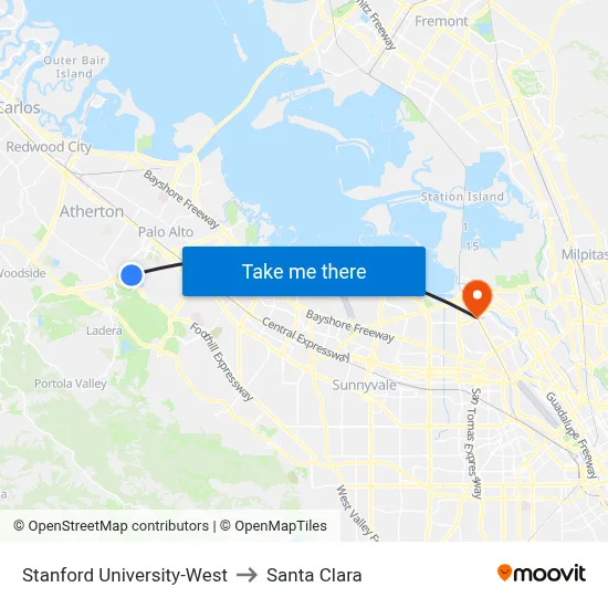 Stanford University-West to Santa Clara map
