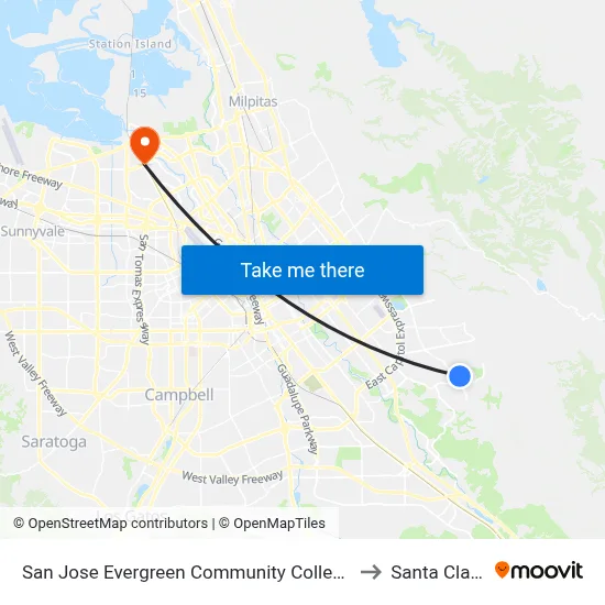 San Jose Evergreen Community College to Santa Clara map