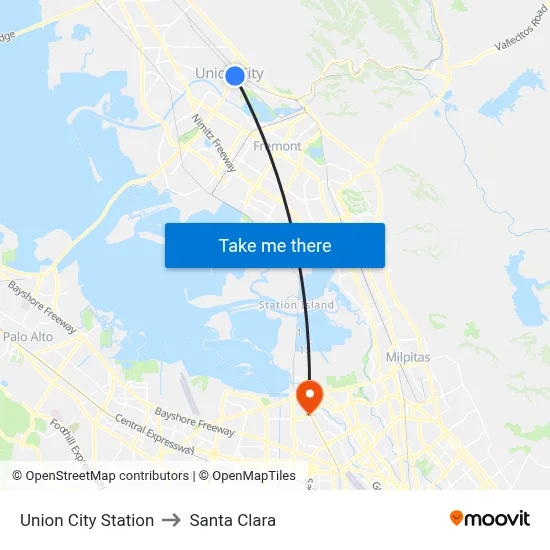 Union City Station to Santa Clara map