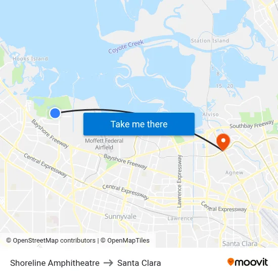 Shoreline Amphitheatre to Santa Clara map
