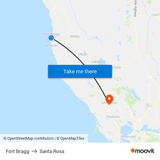 Fort Bragg to Santa Rosa map