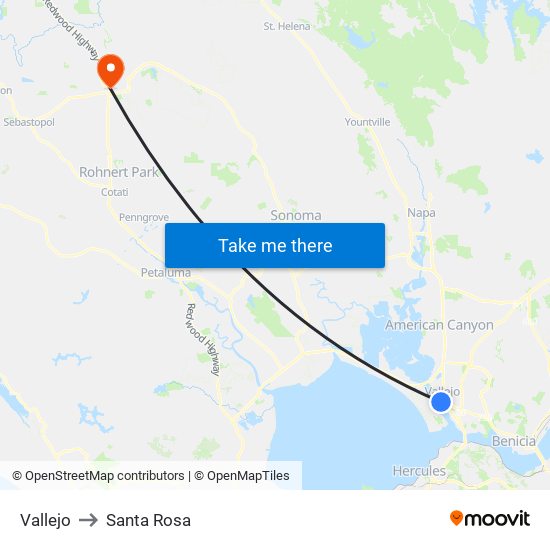 Vallejo to Santa Rosa map