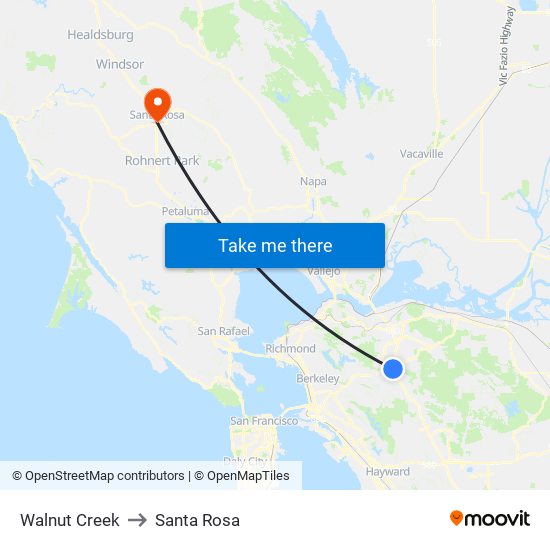 Walnut Creek to Santa Rosa map
