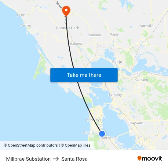 Millbrae Substation to Santa Rosa map