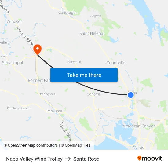 Napa Valley Wine Trolley to Santa Rosa map