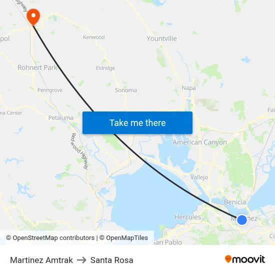 Martinez Amtrak to Santa Rosa map