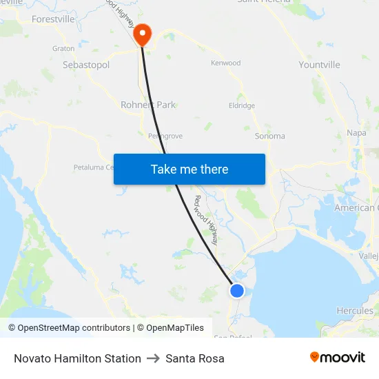 Novato Hamilton Station to Santa Rosa map