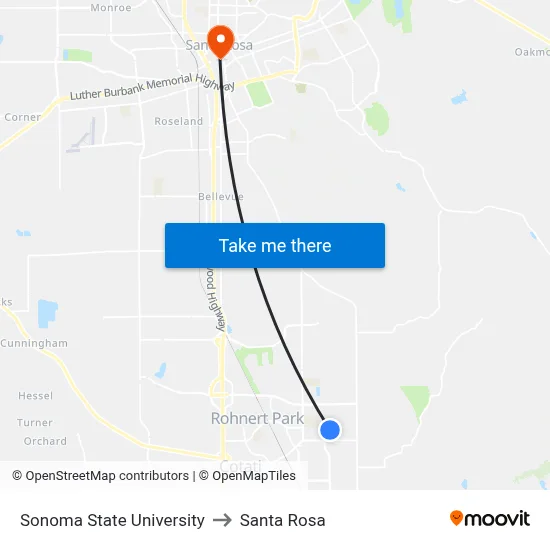 Sonoma State University to Santa Rosa map