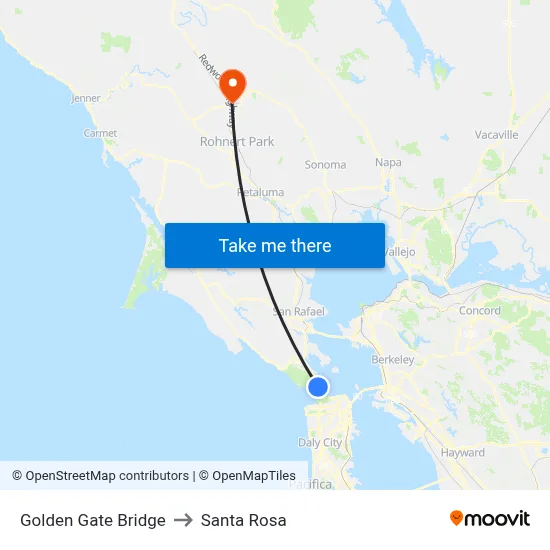 Golden Gate Bridge to Santa Rosa map