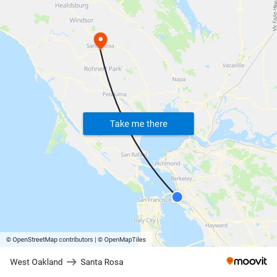 West Oakland to Santa Rosa map