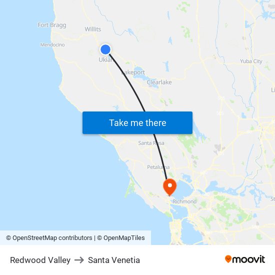 Redwood Valley to Santa Venetia map