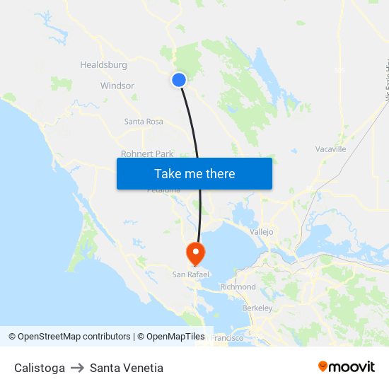 Calistoga to Santa Venetia map