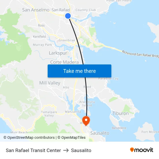 San Rafael Transit Center to Sausalito map