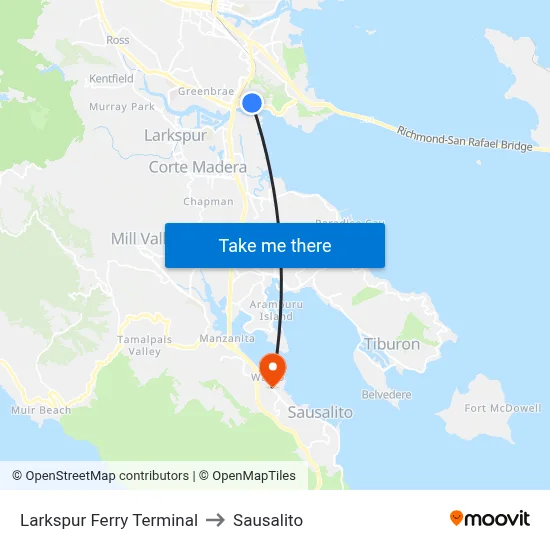 Larkspur Ferry Terminal to Sausalito map