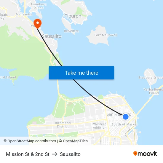 Mission St & 2nd St to Sausalito map