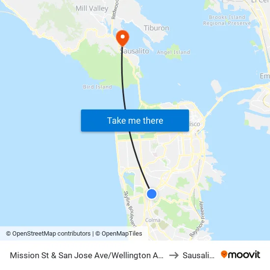 Mission St & San Jose Ave/Wellington Ave to Sausalito map