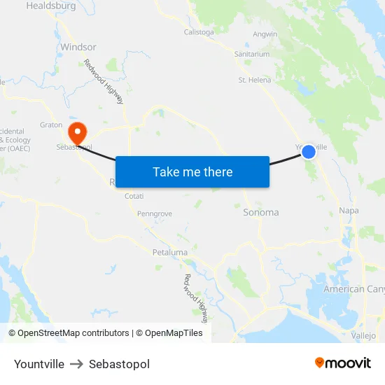 Yountville to Sebastopol map