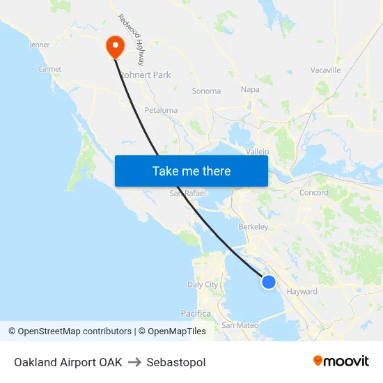 Oakland Airport OAK to Sebastopol map